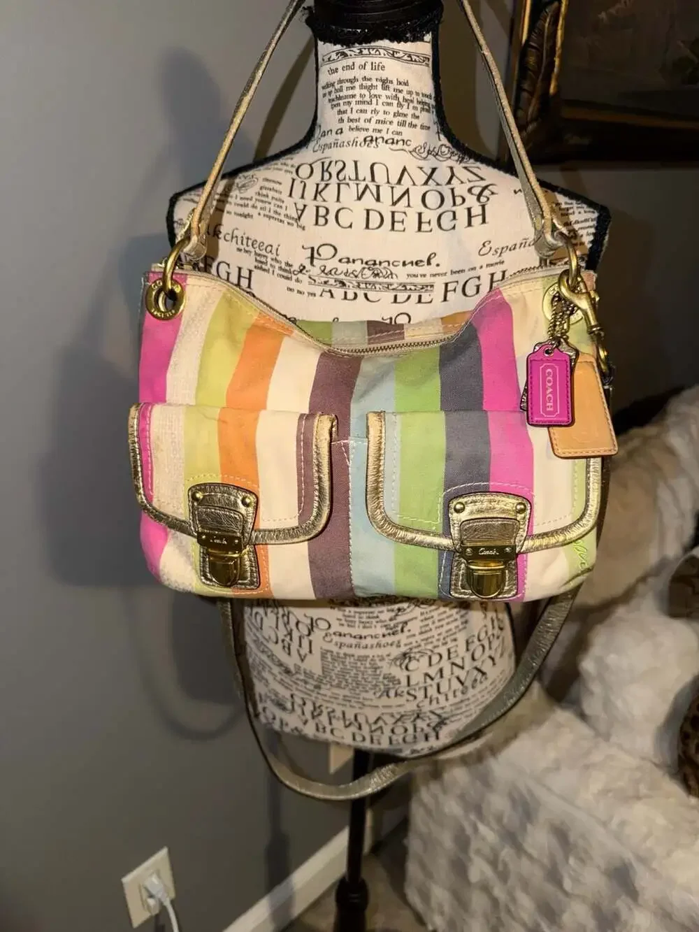 Y2K Coach Legacy Stripe Multicolor Hobo Shoulder Bag with Metallic Gold Trim